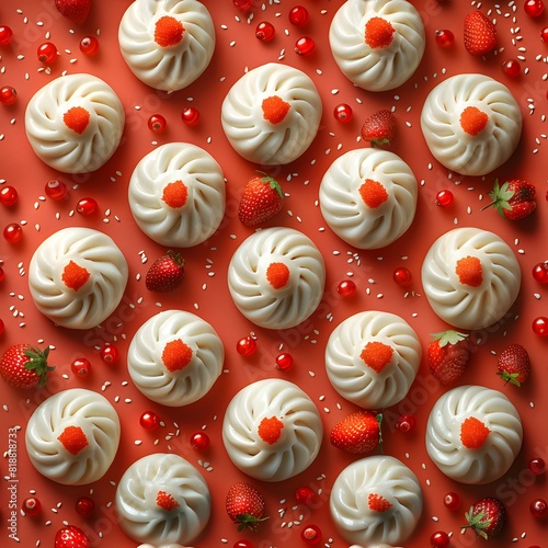Xiao Long Bao dumplings strawberries caviar cuisine. Seamless pattern