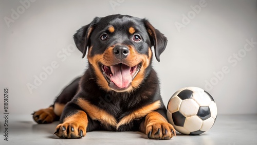 Rottweiler puppy smile play with soccerball ball on light background