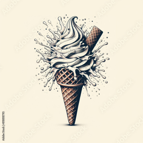 Watercolor Black and White Ice Cream Cone with Chocolate Splash - Ink and Watercolor Drawing with Milky Splashes and Fruits on White Background