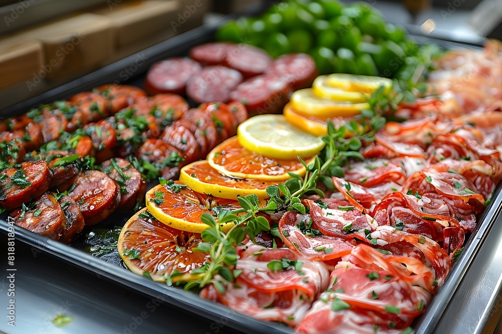 Delicious gourmet tray various cured meats slices garnished citrus, herbs Delicious gourmet tray various cured meats slices garnished citrus, herbs