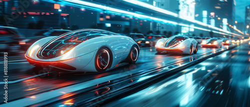 A futuristic car race with cars that are glowing in the dark © AnuStudio