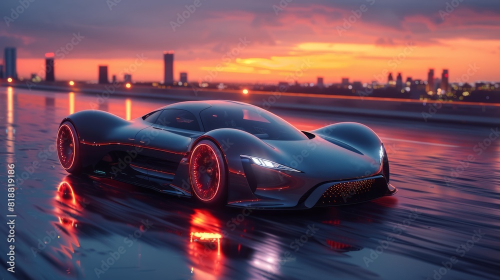 futuristic electric sports car on a wet city road at sunset, glowing neon lights.