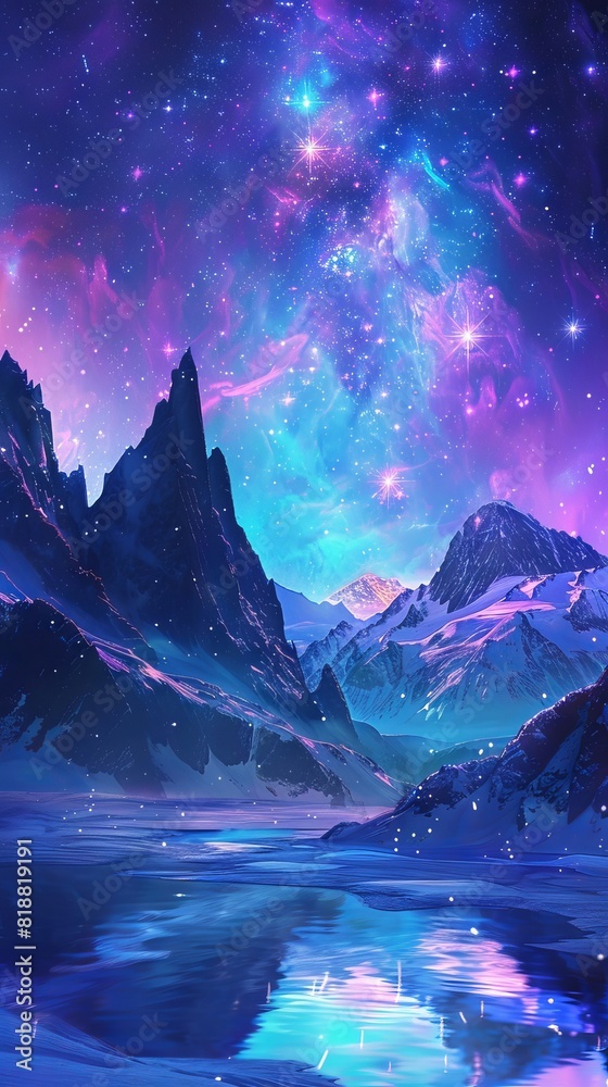 A mesmerizing view of the starry cosmos stretching over majestic snow-covered mountains