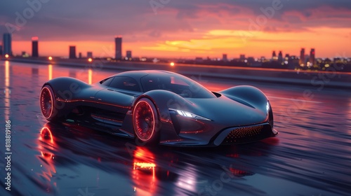 futuristic electric sports car on a wet city road at sunset, glowing neon lights.
