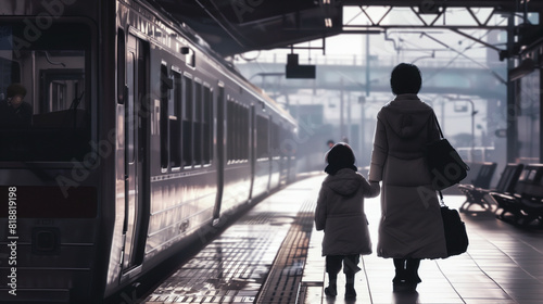 A mother and child eagerly watching for the arrival of their train on the platform