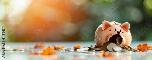 Vibrant illustration of a broken piggy bank with coins scattered around, symbolizing financial challenges and setbacks, minimalistic style with space for text photo