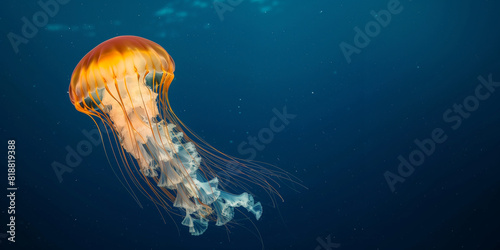 the jellyfish swimming underwater, clear ocean water seabed, copy space for text