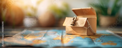 Bright and clean illustration of a treasure chest being discovered on a map, symbolizing finding business opportunities, minimalistic style with space for text photo