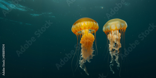 the jellyfish swimming underwater, clear ocean water seabed, copy space for text © dewaai
