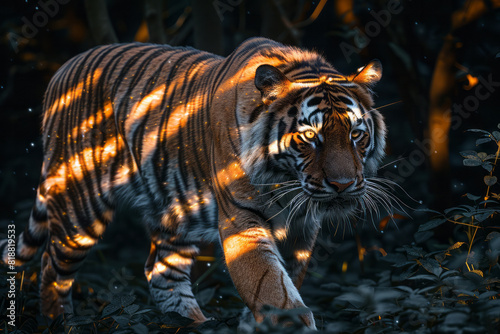 Artistic depiction of a tiger with a spectral body, its stripes fading into the darkness as it prowls, © Natalia