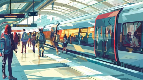 3. Commuters boarding a train, modern train station, efficient public transport