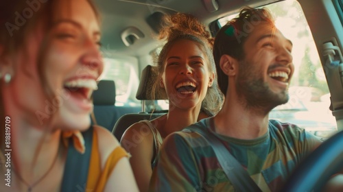 10. Group of friends carpooling to an event, conversation and laughter, shared ride photo