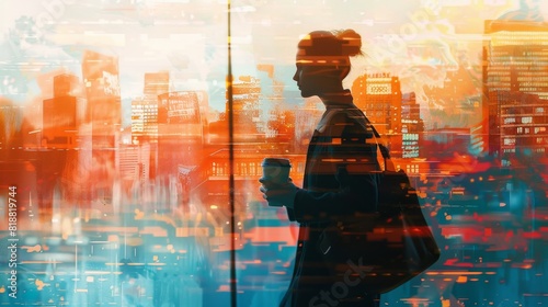 11. Woman walking to work, coffee in hand, cityscape backdrop