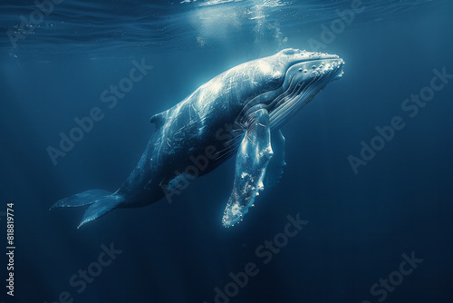 Illustration of a whale with a ghostly silhouette, merging with the deep blue ocean as it swims,