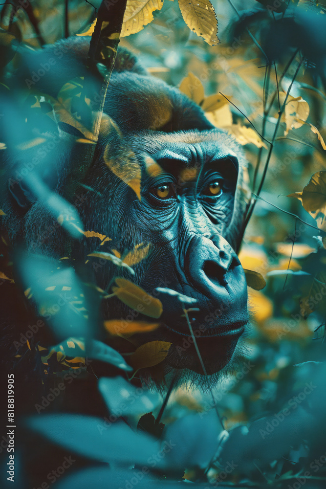 Obraz premium Scene of a gorilla with a spectral outline, its form fading into the dense jungle foliage,
