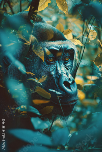Scene of a gorilla with a spectral outline, its form fading into the dense jungle foliage,