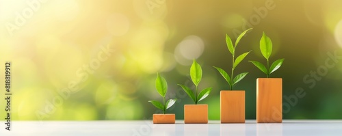 Illustration of an ascending bar graph with plants growing on top of each bar, representing organic business growth, colorful and minimalistic with space for text photo