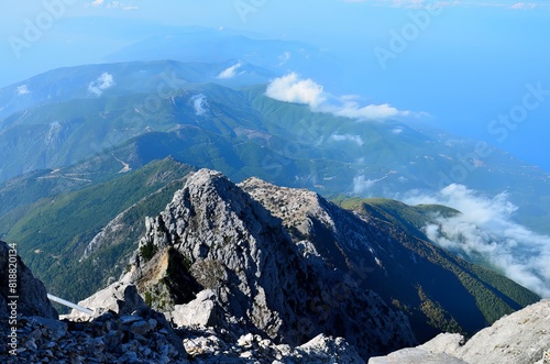 Obraz na płótnie Aerial view of mist-covered Mount Athos, Greece,