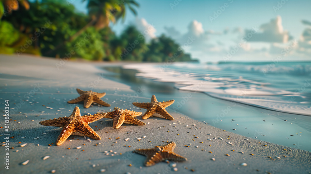 Intimate Beach Scene with Starfish on Sandy Shore, Turquoise Waters and Coastal Sunshine Intimate Beach Scene with Starfish on Sandy Shore, Turquoise Waters and Coastal Sunshine