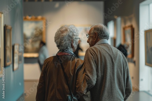 An elderly couple is seen engaging in a cultural outing, appreciating the beauty of various artworks displayed in a museum exhibition photo