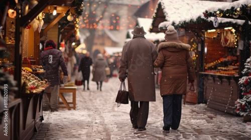 An elderly couple strolling through a Christmas market
