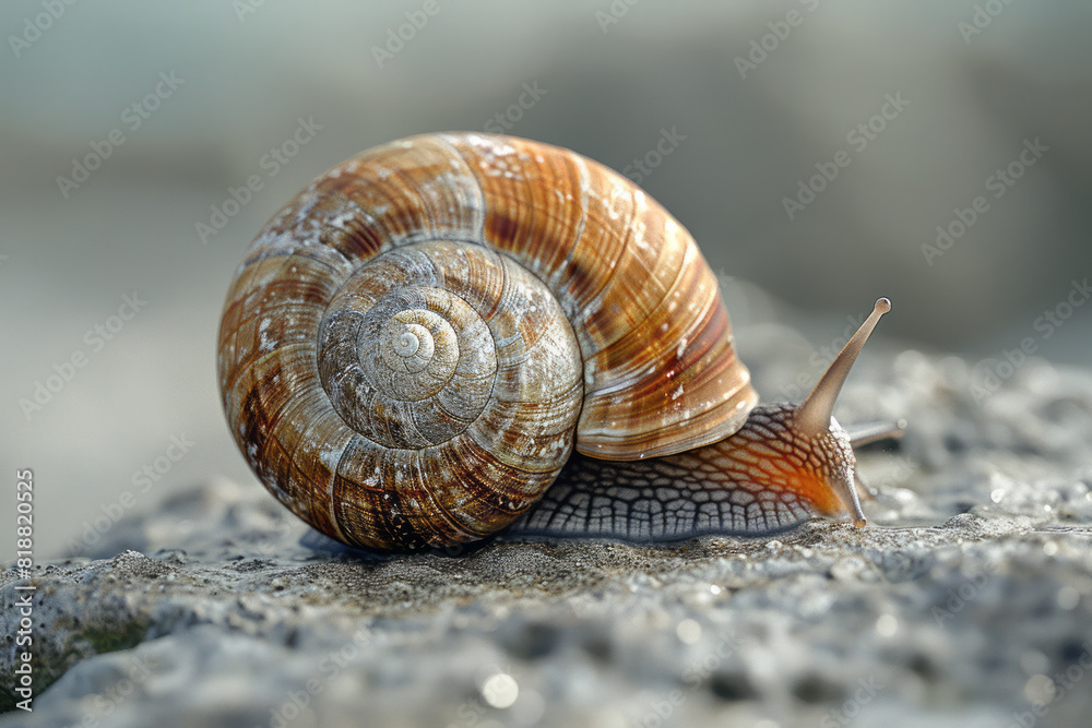 Artistic depiction of a Helix aspersa maxima (gros gris snail), emphasizing its large size and light brown shell with dark bands, Artistic depiction of a Helix aspersa maxima (gros gris snail), emphasizing its large size and light brown shell with dark bands,