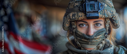 Military Female Soldier Standing Proudly with the USA Flag and Copy Space in the Background