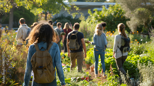 Group of People Walking Through a Lush Garden, A group of people with backpacks walking through a lush garden filled with various plants under the warm sunlight.