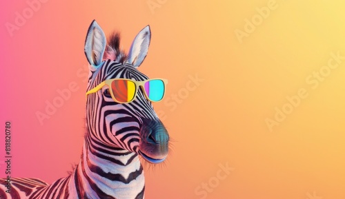 3d render of cute zebra wearing colorful glasses on pastel background with copy space