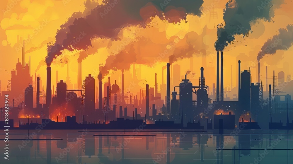 Toxic smoke from industrial factories floating in the air, causing pollution and harming the environment and health of city populations, vector illustration and flat design Toxic smoke from industrial factories floating in the air, causing pollution and harming the environment and health of city populations, vector illustration and flat design