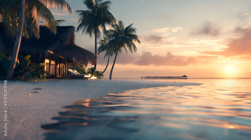 Tropical Beach Sunset with Palm Trees and Thatched Hut, A serene tropical beach scene at sunset, featuring tall palm trees, a thatched hut, and gentle ocean waves