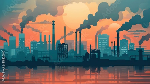 Toxic smoke from industrial factories floating in the air, causing pollution and harming the environment and health of city populations, vector illustration and flat design
