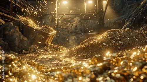 A detailed capture of a golden overflow from a mining cart in a dark, industrial mine setting