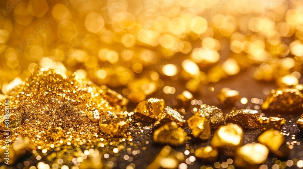 Close-up of golden nuggets and fine glittering gold dust on a dark surface with a sparkling bokeh background Close-up of golden nuggets and fine glittering gold dust on a dark surface with a sparkling bokeh background