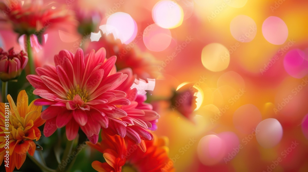 Close-up of colorful flowers with a soft, blurred background full of warm bokeh lights enhancing the image's beauty Close-up of colorful flowers with a soft, blurred background full of warm bokeh lights enhancing the image's beauty
