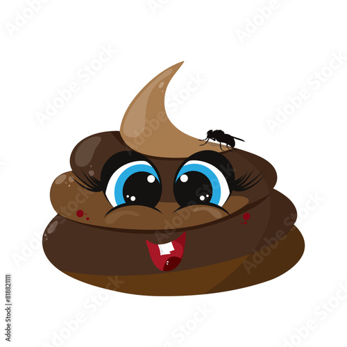 Illustrations of poop with face on white background. Symbol of excrement and cartoon.
