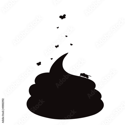 Illustrations of poop with flies on white background. Symbol of excrement and cartoon.