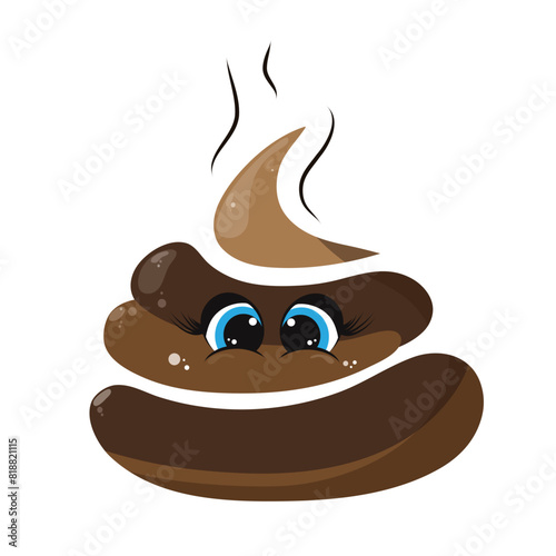 Illustrations of poop with face on white background. Symbol of excrement and cartoon.