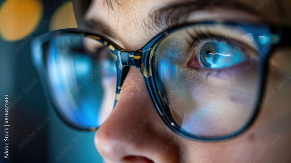 An image showing the blurred side profile of a person wearing glasses with colorful bokeh lights in the background