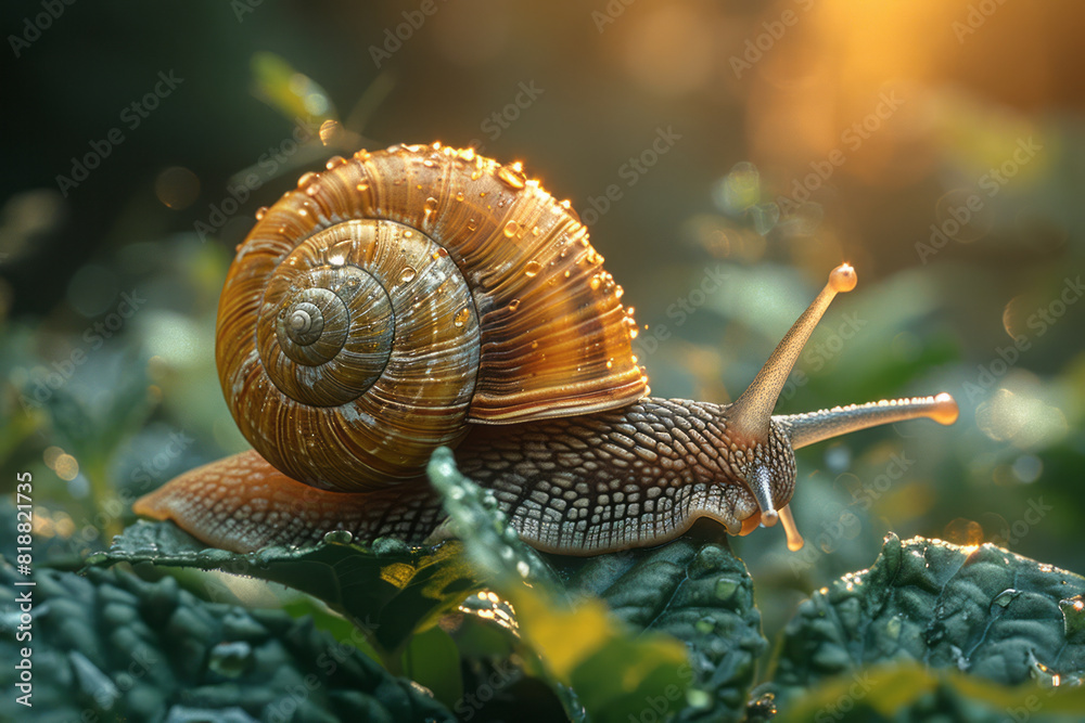 Illustration of a fully grown snail with a robust, spiraled shell, grazing on fresh vegetation,