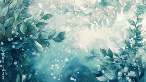 Green blue gradient wave eco leaves, watercolor hand painting landscape watercolor style background