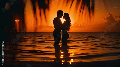 Lovely, romantic couple silhouette in ocean and sunset beach, enjoying evening light, relaxing on tropical summer vacation. Honeymoon. Love. Back view. hugging and kissing romantic 4k video