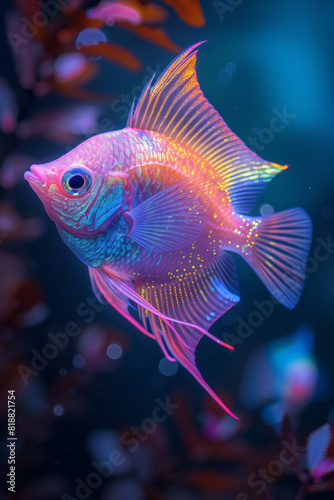 Illustration of a neon-outlined angelfish swimming through a dark, virtual ocean, its contours glowing bright blue and pink,