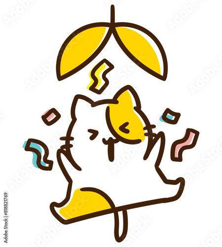 割れたくす玉とおめでたいかわいいねこのキャラクターのデフォルメイラスト