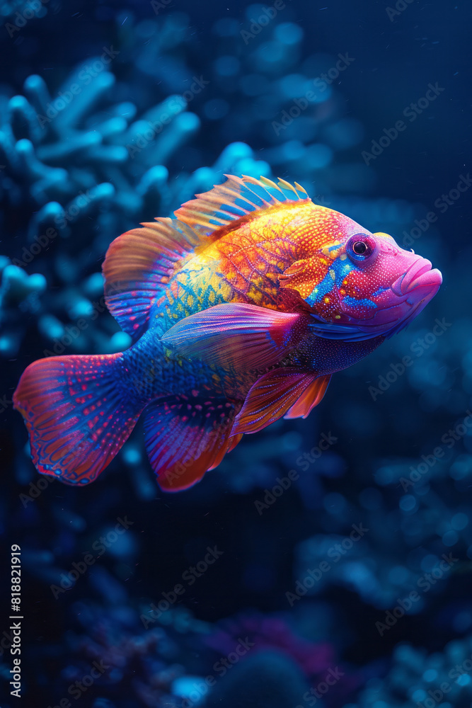 Artistic portrayal of a parrotfish with a neon rainbow of colors, its contours glowing against a deep blue background, Artistic portrayal of a parrotfish with a neon rainbow of colors, its contours glowing against a deep blue background,