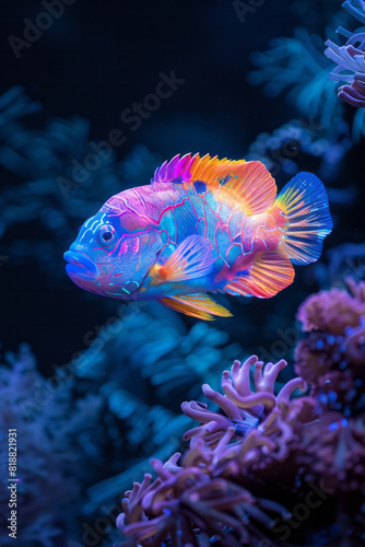 Artistic portrayal of a parrotfish with a neon rainbow of colors, its contours glowing against a deep blue background, © Natalia