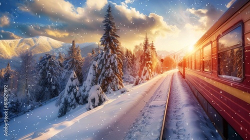59. Train traveling through a snowy landscape, winter travel, low carbon footprint photo