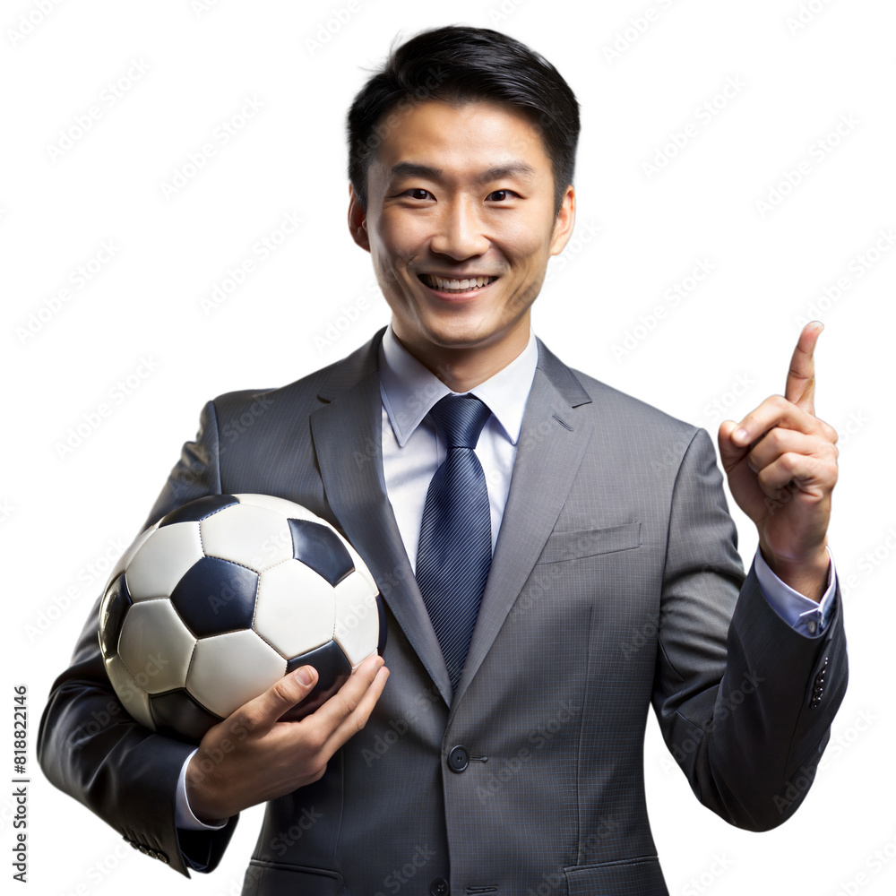 Business Professional in Suit Holding Soccer Ball and Pointing Up Indoors in Daylight Business Professional in Suit Holding Soccer Ball and Pointing Up Indoors in Daylight