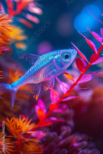 Scene of a neon tetra fish, its small body glowing with bright blue and red neon stripes,