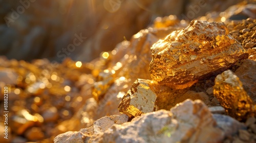 A detailed close-up of golden-colored rocks glistening under sunlight, highlighting textures and warm tones